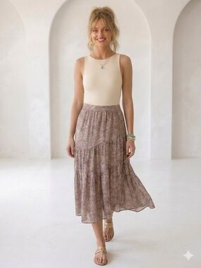 Altar'd State Lace Tiered Maxi Skirt Tan Taupe Boho Cottagecore XS EUC